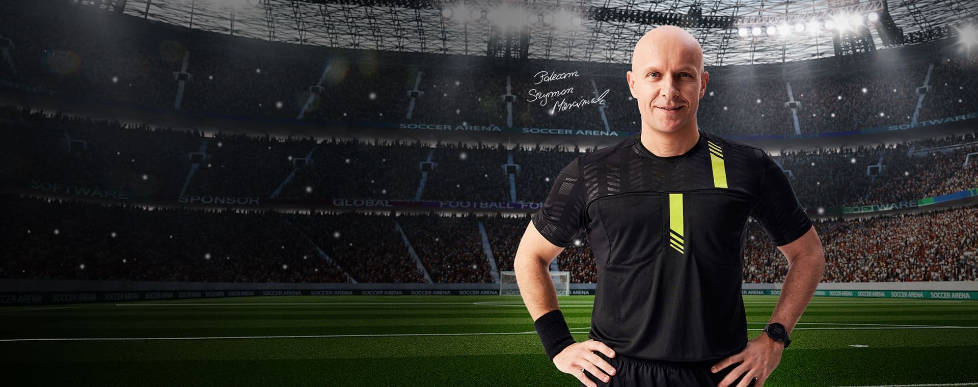 Szymon Marciniak na stadionie w kampanii golarek Remington